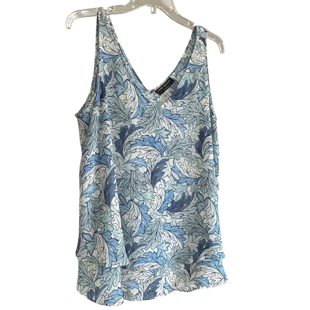 Lane Bryant Blue White Botanical Leaf‎ Print Tiered V-Neck Tank Top 14 Tropical